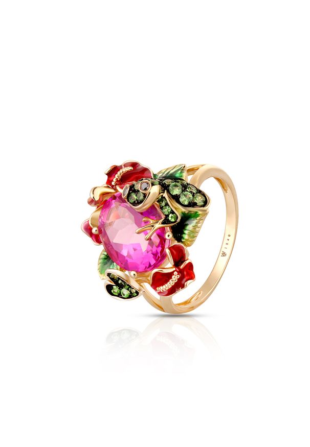 W.KRUK - Pierścionek złoty Kwiaty Nocy Anturium. Materiał: złote. Kolor: złoty. Wzór: kwiaty. Kamień szlachetny: topaz, brylant, granat