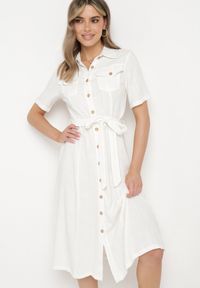 Born2be - Biała Koszulowa Sukienka z Wiskozy z Lnem Zapinana na Guziki z Materiałowym Paskiem Fidilla. Okazja: na co dzień, na spotkanie biznesowe. Kolor: biały. Materiał: len, wiskoza, materiał. Wzór: aplikacja. Typ sukienki: koszulowe. Styl: biznesowy, casual, elegancki #5