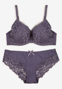 Renee - Fioletowy Koronkowy Komplet Biustonosz i Majtki Figi w Klasycznym Stylu Ezirene. Kolor: fioletowy. Materiał: koronka. Wzór: aplikacja, koronka #1