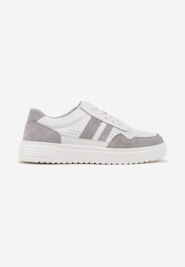 Renee - Biało-Szare Płaskie Sneakersy ze Skóry Naturalnej Ozdobione Paskami i Perforacją Floriwa. Okazja: na co dzień. Zapięcie: pasek. Kolor: biały. Materiał: skóra. Wzór: aplikacja