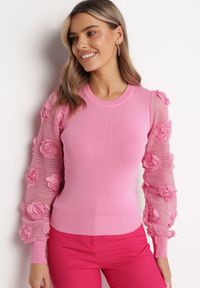 Born2be - Różowy Sweter z Ażurowymi Rękawami z Kwiatkami Semnetia. Kolor: różowy. Materiał: tkanina, dzianina. Wzór: ażurowy, kwiaty #7