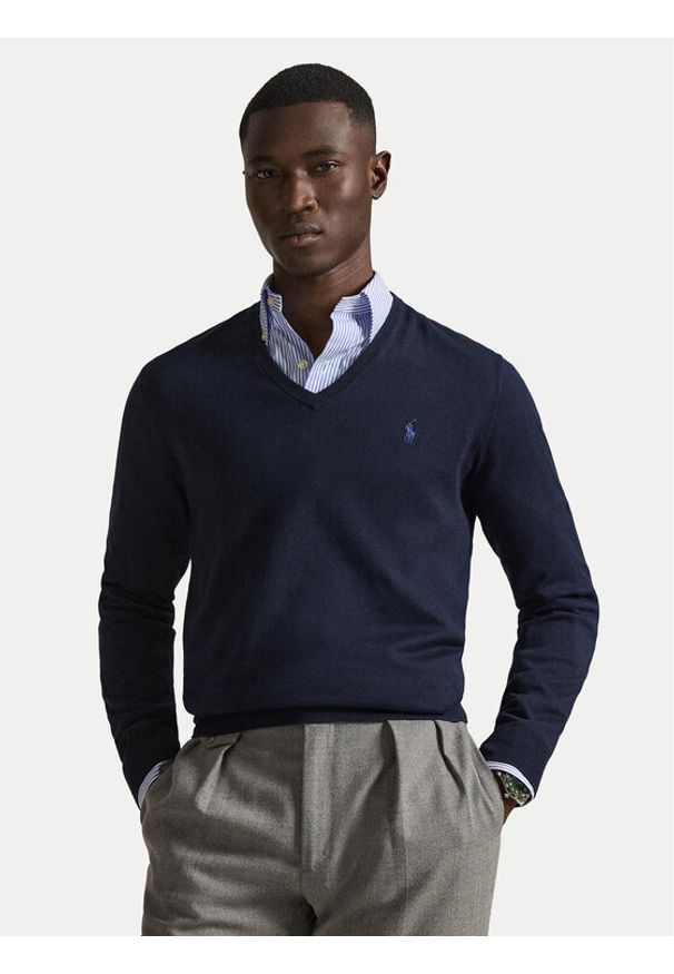Polo Ralph Lauren Sweter Ls Sf Vn Pp 710670789004 Granatowy Slim Fit. Typ kołnierza: polo. Kolor: niebieski. Materiał: bawełna