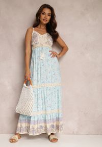 Renee - Jasnoniebieska Sukienka Fjorrit. Kolor: niebieski. Materiał: koronka, tkanina, wiskoza. Długość rękawa: na ramiączkach. Wzór: kwiaty, nadruk. Styl: boho. Długość: maxi #3