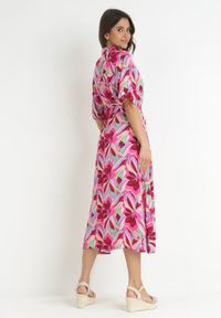 Born2be - Fuksjowa Koszulowa Sukienka z Wiskozy w Kwiaty i Wiązanym Paskiem Fstrid. Kolor: różowy. Materiał: wiskoza. Wzór: kwiaty. Typ sukienki: koszulowe #2