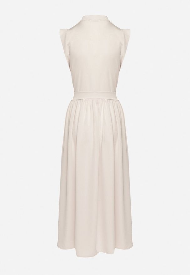 Born2be - Beżowa Sukienka Koszulowa o Rozkloszowanym Kroju z Wiązaniem w Pasie Mavirielle. Okazja: na co dzień. Typ kołnierza: dekolt w serek. Kolor: beżowy. Materiał: skóra. Długość rękawa: długi rękaw. Typ sukienki: koszulowe. Styl: elegancki, casual