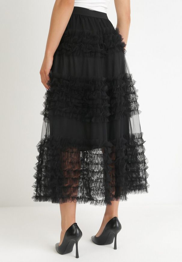 Born2be - Czarna Tiulowa Spódnica z Gumką w Pasie z Falbankami Ewia. Kolor: czarny. Materiał: tiul
