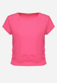 Born2be - Fuksjowy Dopasowany T-shirt Prążkowany z Marszczeniami po Bokach Minervia. Kolor: różowy. Materiał: prążkowany #4