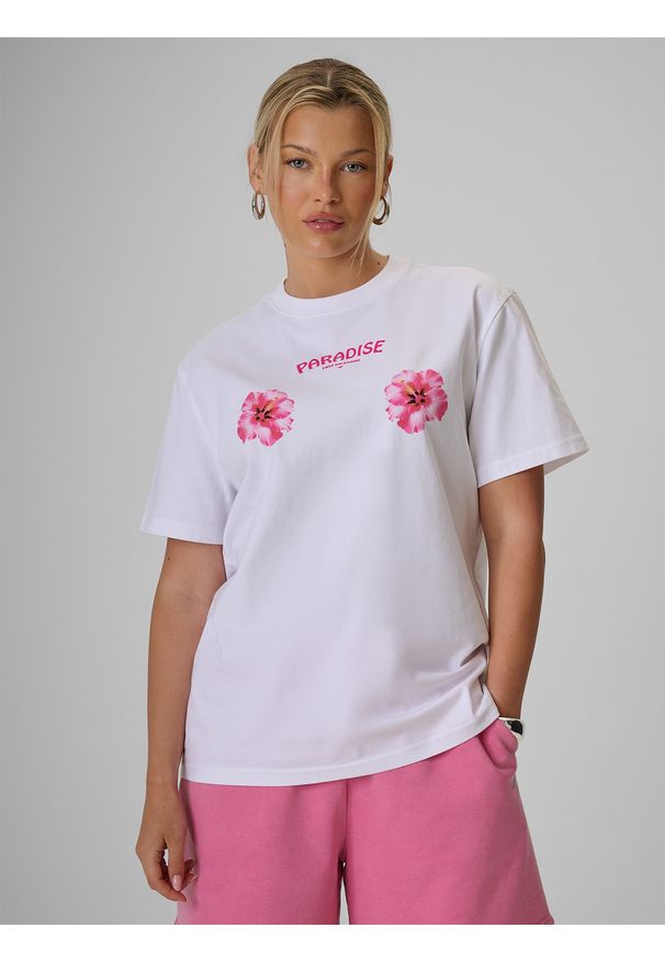 4f - 4F T-shirt loose z nadrukiem damski - biały S. Okazja: na co dzień, na plażę. Kolor: biały. Materiał: materiał, bawełna, dzianina. Wzór: nadruk. Sezon: lato. Styl: wakacyjny, casual, klasyczny, sportowy