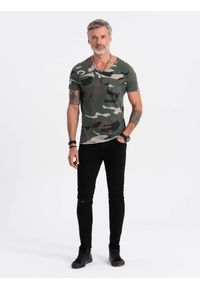 Ombre Clothing - T-shirt męski bawełniany V-NECK - khaki-camo V5 S1616 - XL. Kolor: brązowy. Materiał: bawełna #4