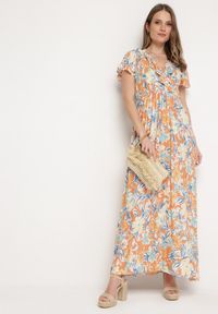 Born2be - Beżowo-Niebieska Sukienka z Wiskozy z Gumką w Pasie z Kopertowym Dekoltem i Falbanką Wondria. Kolor: beżowy. Materiał: wiskoza. Typ sukienki: kopertowe #1