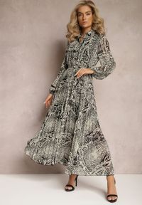 Renee - Beżowo-Czarna Sukienka Rozkloszowana z Wiązanym Paskiem Blerore. Kolor: beżowy. Materiał: materiał. Typ sukienki: koszulowe. Długość: maxi