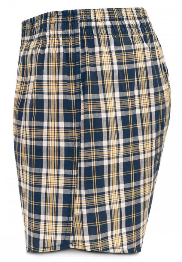 Męskie Bokserki Bawełniane - Pako Jeans - Granatowo-Żółta Kratka. Kolor: złoty, niebieski, wielokolorowy, żółty. Materiał: bawełna. Wzór: kratka
