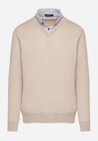 Born2be - Beżowy Sweter z Wełną i Koszulowym Kołnierzykiem Espirra. Okazja: na spotkanie biznesowe, do pracy, na co dzień. Typ kołnierza: kołnierzyk koszulowy. Kolor: beżowy. Materiał: wełna. Styl: biznesowy, casual, elegancki