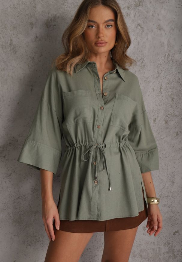 Renee - Zielona Koszula z Lnem Bawełną i Szerokimi Rękawami Moontwist. Okazja: na co dzień. Kolor: zielony. Materiał: bawełna, len. Styl: casual