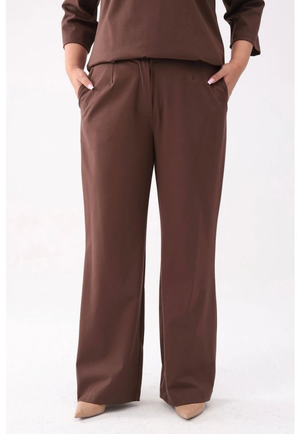 Moda Size Plus Iwanek - Eleganckie brązowe spodnie Soft Comfort z kieszeniami PLUS SIZE XXL. Okazja: na spotkanie biznesowe, na co dzień. Kolekcja: plus size. Kolor: brązowy. Materiał: tkanina, wiskoza, nylon. Długość: krótkie. Styl: elegancki