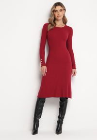 Born2be - Bordowa Sweterkowa Sukienka Midi z Wełną i Kaszmirem Armanda. Kolor: czerwony. Materiał: wełna, kaszmir. Typ sukienki: rozkloszowane. Długość: midi #3