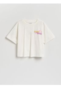 Reserved - Luźny t-shirt z nadrukiem - złamana biel. Materiał: bawełna. Wzór: nadruk