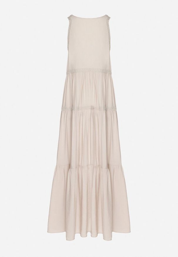 Born2be - Beżowa Sukienka z Wiskozą i Szydełkowym Wzorem Meviellea. Okazja: na co dzień. Typ kołnierza: dekolt w kształcie V. Kolor: beżowy. Materiał: wiskoza. Wzór: haft. Styl: casual, elegancki