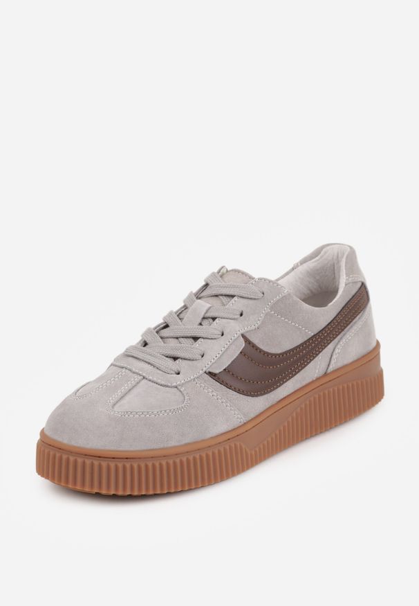 Born2be - Szare Zamszowe Sneakersy w Stylu Klasycznych Tenisówek ze Skórzaną Wkładką Riosera. Okazja: na co dzień. Kolor: szary. Materiał: skóra, zamsz