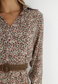 Born2be - Beżowo-Czarna Sukienka Ampissa. Typ kołnierza: kołnierz z falbankami. Kolor: beżowy. Wzór: nadruk, aplikacja, kwiaty. Styl: klasyczny. Długość: midi #2