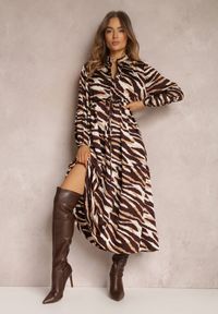 Renee - Brązowo-Beżowa Sukienka Rozkloszowana w Tygrysie Paski Cazoni. Kolor: brązowy. Materiał: tkanina. Wzór: paski #5