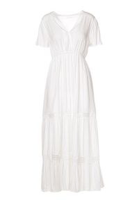 Born2be - Biała Sukienka Selphie. Kolor: biały. Materiał: koronka, tkanina. Długość rękawa: krótki rękaw. Wzór: koronka, aplikacja, ażurowy. Sezon: lato. Długość: midi #3