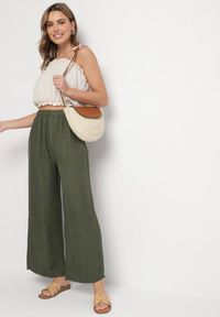 Born2be - Ciemnozielone Szerokie Spodnie Palazzo z Wysokim Stanem Aranwenna. Okazja: na co dzień, na spacer. Stan: podwyższony. Kolor: zielony. Styl: elegancki, casual #6