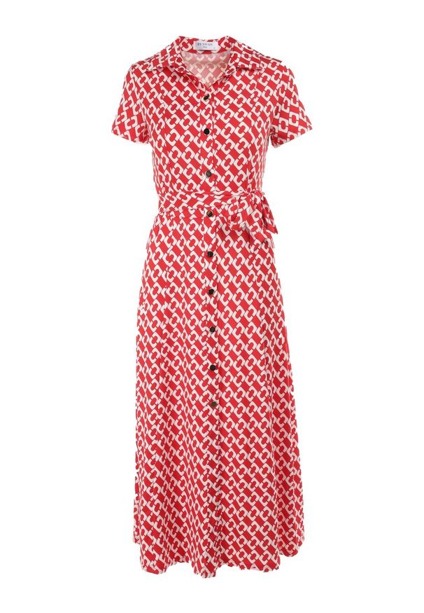 Born2be - Czerwona Sukienka Alethanthei. Okazja: na co dzień. Kolor: czerwony. Materiał: materiał. Długość rękawa: krótki rękaw. Wzór: geometria, nadruk, aplikacja. Typ sukienki: szmizjerki. Styl: casual, elegancki. Długość: midi