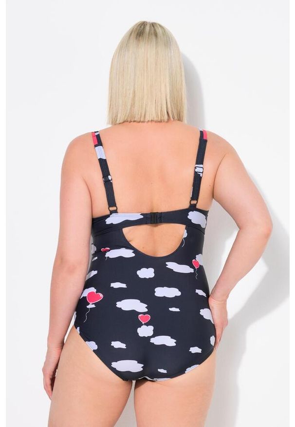 ULLA POPKEN - Damski Strój kąpielowy serca falbanka fiszbiny miękkie miseczki. Kolekcja: plus size. Kolor: czarny. Materiał: elastan, poliamid, materiał