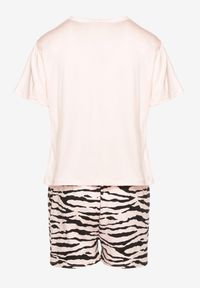 Renee - Beżowy Komplet Piżamowy z Bawełny T-shirt i Szorty z Motywem Zebry Milaria. Kolor: beżowy. Materiał: bawełna. Wzór: motyw zwierzęcy #6