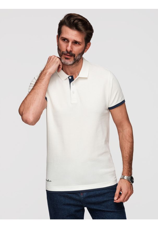 Ombre Clothing - Bawełniana męska koszulka polo z kontrastowym wykończeniem – biała V1 - Rozmiar: M. Okazja: na co dzień. Typ kołnierza: polo. Kolor: biały. Materiał: bawełna. Wzór: haft. Styl: casual, klasyczny
