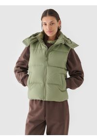 4f - 4F Bezrękawnik puchowy z naturalnym wypełnieniem damski - oliwkowy/khaki XL. Okazja: na co dzień. Kolor: oliwkowy, brązowy, wielokolorowy. Materiał: puch. Długość rękawa: bez rękawów. Długość: krótkie. Wzór: gładki. Sezon: zima. Styl: klasyczny, sportowy, casual
