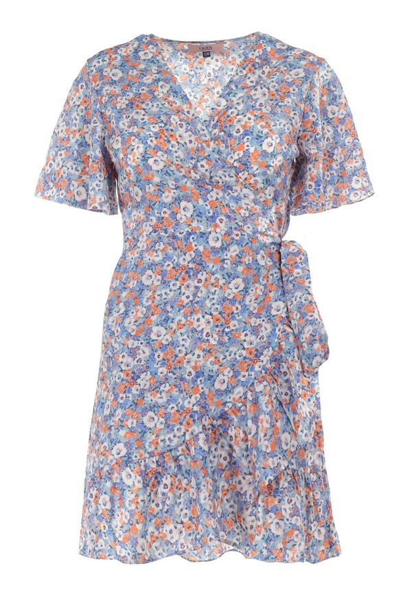 Born2be - Niebieska Sukienka Naririssa. Kolor: niebieski. Materiał: wiskoza, materiał. Wzór: kwiaty, nadruk. Typ sukienki: kopertowe. Styl: retro. Długość: mini