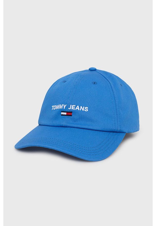 Tommy Jeans czapka bawełniana AM0AM09575.9BYY z aplikacją. Kolor: niebieski. Materiał: bawełna. Wzór: aplikacja