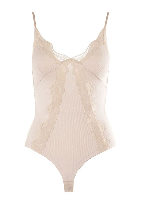 Born2be - Jasnobeżowe Body Seliphi. Stan: podwyższony. Kolor: beżowy. Materiał: koronka, dzianina. Wzór: koronka
