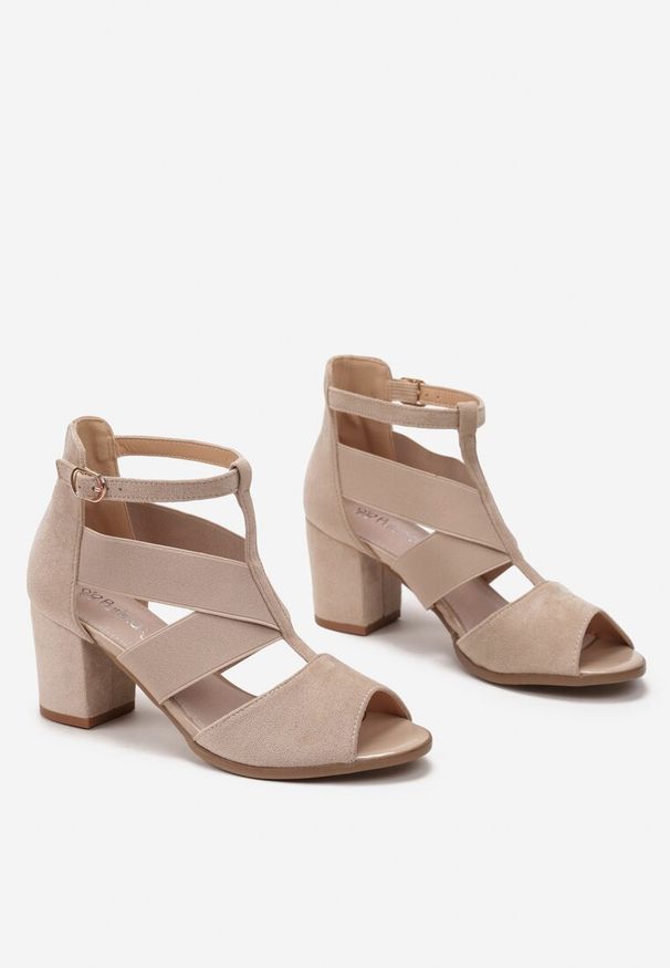 Renee - Beżowe Sandały na Słupku z Wycięciami i Skórzaną Wkładką Clevora. Zapięcie: pasek. Kolor: beżowy. Materiał: skóra. Obcas: na słupku