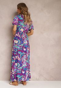 Renee - Fioletowa Wiskozowa Sukienka Maxi z Gumką w Talii i Materiałowym Paskiem Saramu. Kolor: fioletowy. Materiał: materiał, wiskoza. Długość rękawa: krótki rękaw. Sezon: lato, wiosna. Typ sukienki: rozkloszowane. Długość: maxi #4
