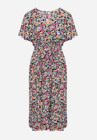 Born2be - Czarna Rozkloszowana Sukienka w Kwiaty z Kopertowym Dekoltem Plisowana Lanasira. Kolor: czarny. Wzór: kwiaty. Typ sukienki: kopertowe #3