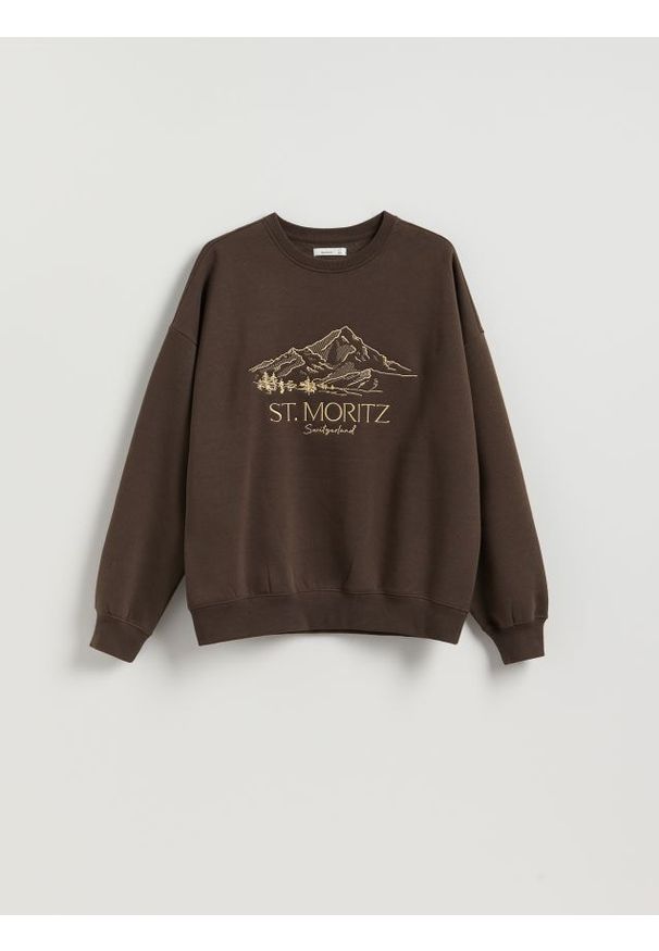 Reserved - Bluza z haftem - ciemnobrązowy. Kolor: brązowy. Materiał: dzianina, bawełna. Wzór: haft