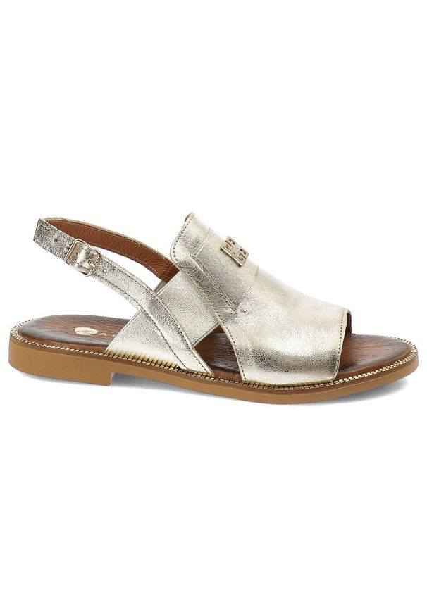 Złote Sandały Armodo Wygodne Obuwie Damskie. Okazja: na co dzień. Zapięcie: pasek. Kolor: złoty. Materiał: skóra, materiał, jeans. Wzór: paski. Sezon: lato. Styl: casual, elegancki