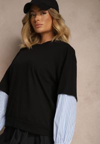 Renee - Czarna Bawełniana Bluzka Ozdobiona Koszulowymi Rękawami w Paski Milseli. Okazja: na co dzień. Kolor: czarny. Materiał: bawełna. Wzór: aplikacja, paski. Styl: casual #4