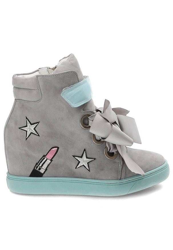 Sneakersy damskie Marshall, skóra naturalna i na koturnie, turkusowe, 6826-T-ZSZ. Okazja: na co dzień. Kolor: szary. Materiał: skóra. Wzór: aplikacja, haft. Obcas: na koturnie. Styl: casual