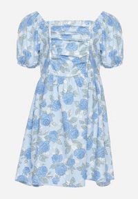Born2be - Niebieska Bawełniana Sukienka w Kwiatowy Print z Bufiastymi Rękawami Flospia. Okazja: na co dzień. Kolor: niebieski. Materiał: bawełna. Długość rękawa: krótki rękaw. Wzór: nadruk, kwiaty. Typ sukienki: proste. Styl: casual #1