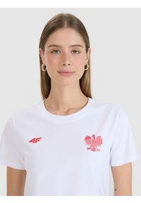 4f - 4F Koszulka kibica damska - biała M. Okazja: na co dzień. Kolor: biały. Materiał: dzianina, bawełna, jersey. Długość rękawa: krótki rękaw. Długość: krótkie. Wzór: gładki, nadruk, ze splotem, napisy. Styl: klasyczny, sportowy, casual