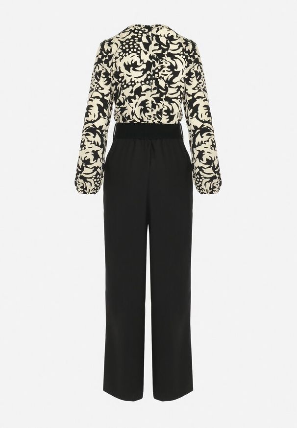 Born2be - Czarno-Beżowy Kombinezon z Paskiem Góra w Print i Trójkątny Dekolt Hamiora. Kolor: czarny. Wzór: nadruk