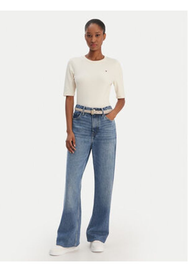 TOMMY HILFIGER - Tommy Hilfiger T-Shirt WW0WW47308 Écru Slim Fit. Kolor: kremowy. Materiał: wiskoza