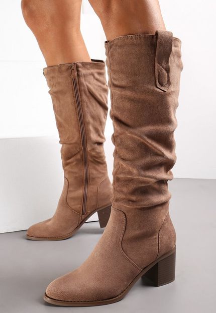 Beżowe kozaki Renee na słupku, z cholewką przed kolano