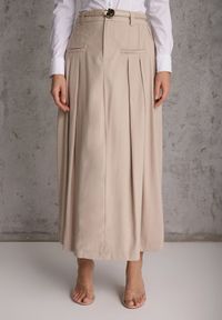 Renee - Beżowa Rozkloszowana Spódnica z Wiskozy Zdobiona Plisami i Paskiem Durklea. Okazja: na co dzień. Kolor: beżowy. Materiał: wiskoza. Wzór: aplikacja. Styl: casual, elegancki #6