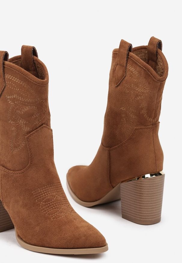 Renee - Brązowe Ażurowe Botki na Słupku w Kowbojskim Stylu Mevith. Kolor: brązowy. Materiał: bawełna, jeans. Wzór: ażurowy. Obcas: na słupku