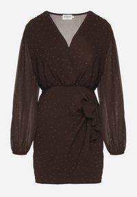 Born2be - Brązowa Kopertowa Sukienka Zdobiona Cyrkoniami i Drapowaniem Idiselle. Okazja: na spotkanie biznesowe. Kolor: brązowy. Materiał: poliester. Wzór: aplikacja. Typ sukienki: kopertowe. Styl: wizytowy, biznesowy, klasyczny #5